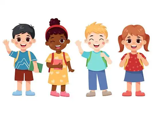 彩色卡通不同肤色的小学生开学背书包png素材