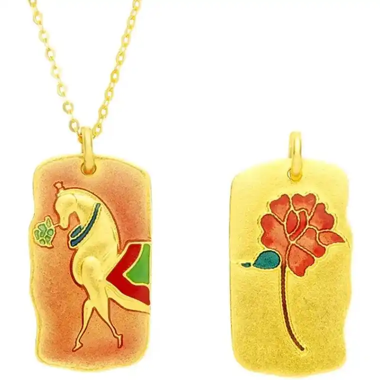 古法高温烧蓝黄金马到成功吊坠