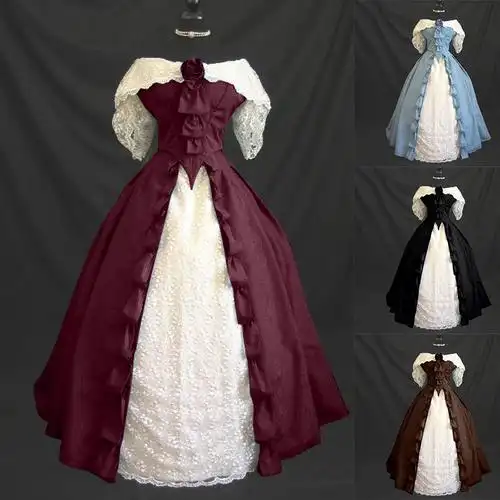 2022wish欧美中世纪复古束腰蕾丝拼接公主裙一字肩宫廷礼服长裙女