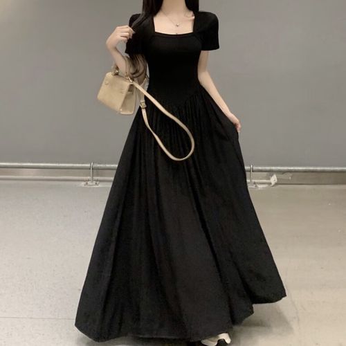 到脚踝大摆超长款长裙连衣裙大码女装韩系赫本风胖m 黑 l 100-120斤