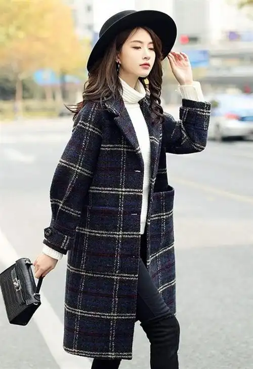 3秋冬清仓韩版 格子毛呢大衣显瘦女装时尚百搭气质休闲毛呢 外套