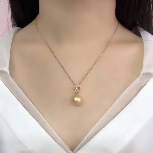 缘源珠宝天然海水金珍珠吊坠18k金镶钻石珍珠吊坠女款附送证书不含链