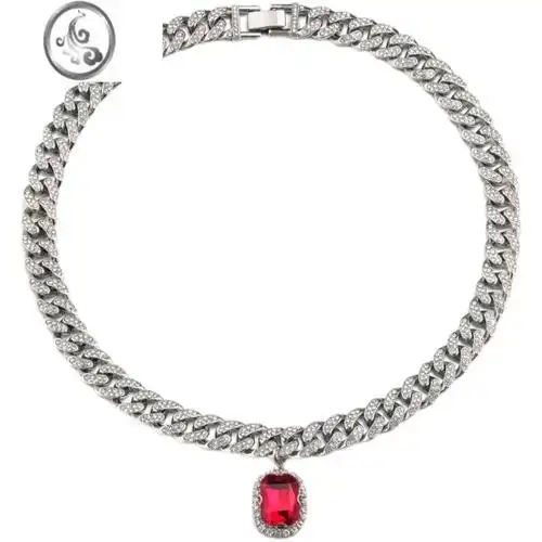 jimi美式镶钻红宝石古巴链项链男潮嘻哈欧美男士潮满钻水钻说唱链子粗