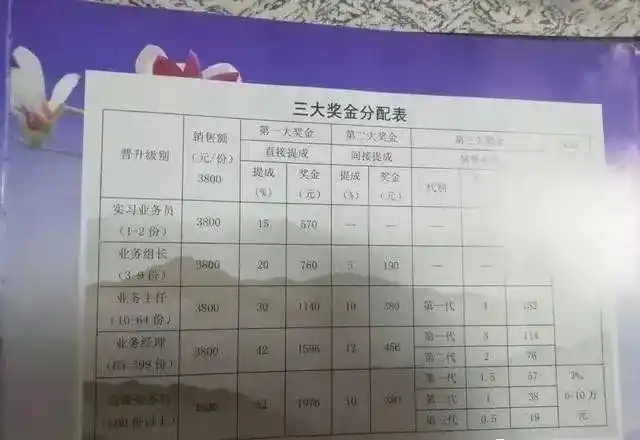 上图是1040传销内部的奖金分配表,其实就是所谓的人头费分成,只要有