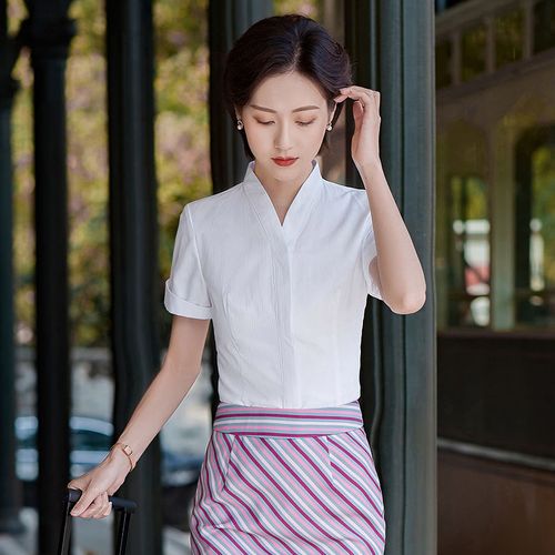 南航空姐制服职业衬衫女短袖修身空乘面试v领正装白衬衣女工作服