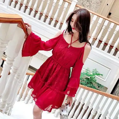 2018春装新款性感心机露肩挂脖雪纺连衣裙女红色洋气吊带裙子夏天