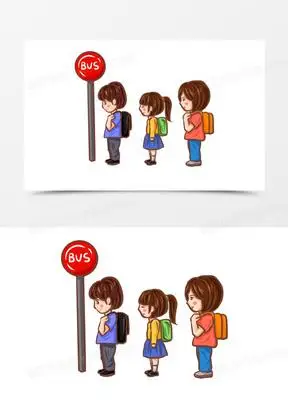 手绘卡通学生排队等车元素