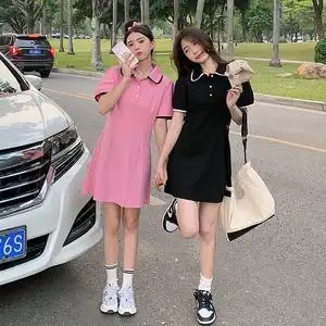 大码胖mm闺蜜装夏季新款减龄显瘦polo领连衣裙女休闲短袖t恤裙子