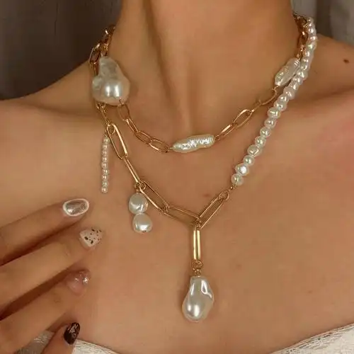 欧美跨境速卖通2021热销低价气质异形创意不规则链领骨双珍珠项链