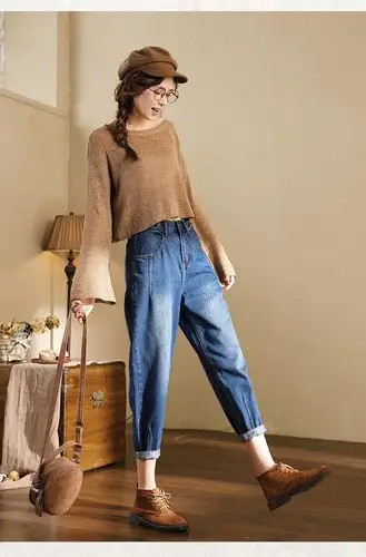 高腰加绒老爹牛仔裤女秋冬新款调节腰袢翻边小脚裤宽松九分哈伦裤