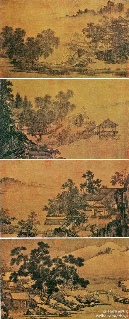 #山水画# 南宋 刘松年《四景山水图》--- 绢本,设色,每幅纵41.3厘米,