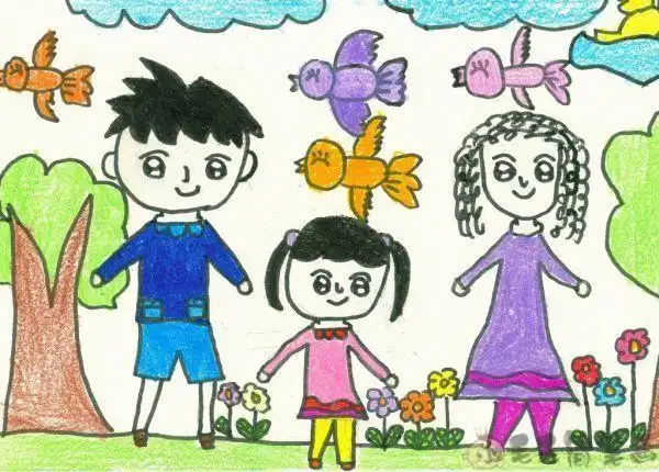 一家三口手拉手儿童画