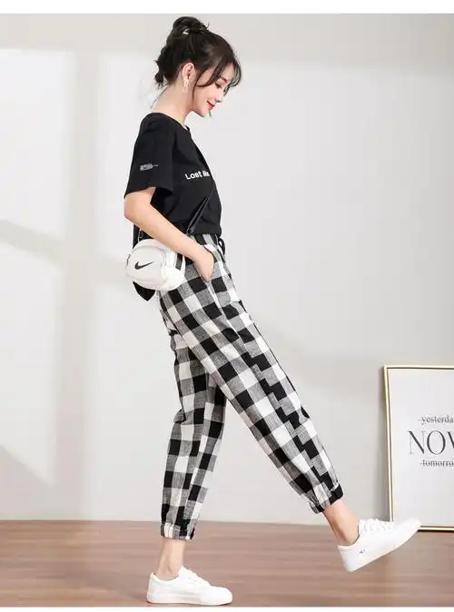格子裤女韩版潮流宽松裤子休闲裤女裤春夏季薄款八分七分裤哈伦裤黑色