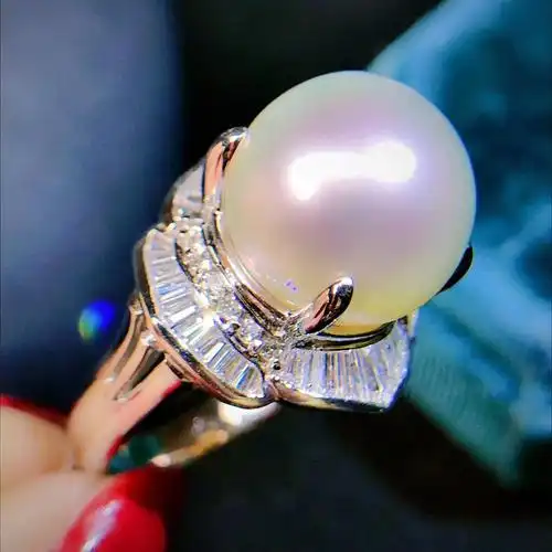 钻石18k金钻石白珍珠戒指1314mm216克拉17克正圆无瑕手饰