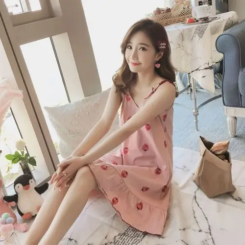 宽松韩版清新可爱吊带睡裙女夏季睡衣女夏少女大码学生家居服套装