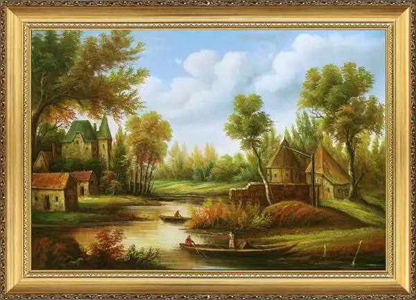 欧式手绘山水画 油画有框画客厅玄关风景挂画精美现代装饰画 配框