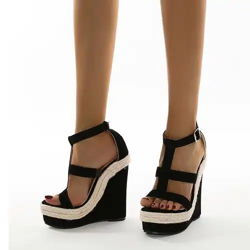 新款欧美编织麻绳坡跟厚底高跟鞋字带一字扣夜时装凉鞋