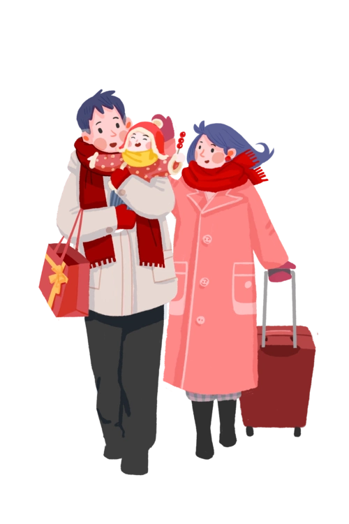 一家三口回家拜年温馨手绘插画图案