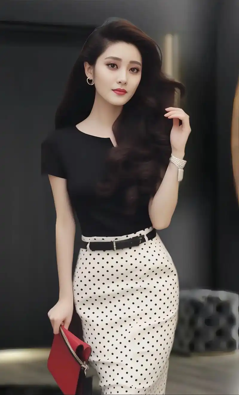 姐妹们～这款高级感气质显瘦黑色上衣搭配波点半身裙套装,堪称轻熟届