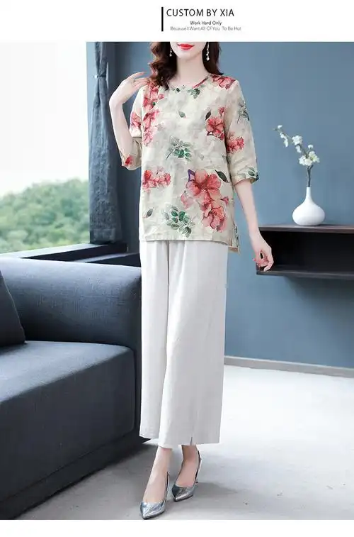 特价捡漏民族风新中式阔两夏季中国风苎麻上衣洋气妈妈棉麻套装女图片