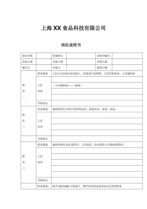 岗位职责说明书表格模板