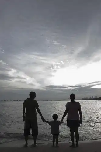 儿童,背部,三个人,家庭,夫妻,母亲,父亲,儿子,站,握手,竖图,黑白,室外