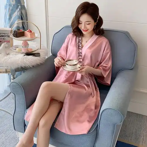 睡衣女春秋季冰丝绸长款睡袍性感浴袍夏季睡裙薄款家居服日式和服