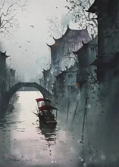 水彩绘画 烟雨江南