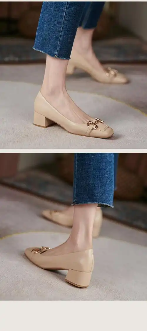女士船鞋中跟真皮瓢鞋一脚蹬女士单鞋中跟大码女鞋方头浅口四季鞋软皮