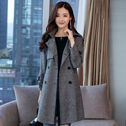 格子风衣女大码春秋新款大衣潮气质宽松休闲中长款西装领外套女装