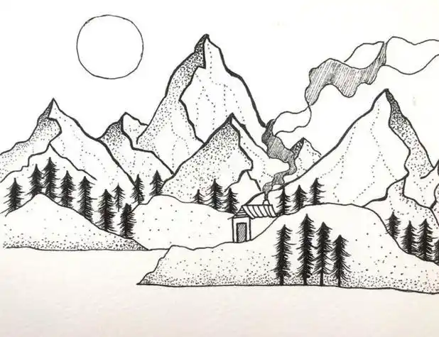 黑白古风简笔画山水