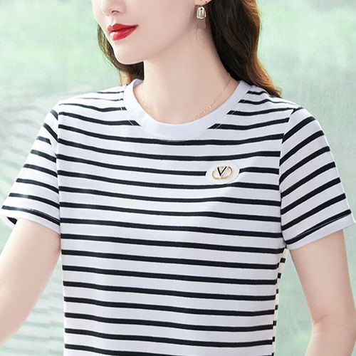 c中年女士短1袖高档上衣女时尚一点装圆领条纹t恤夏季2024新款宽松