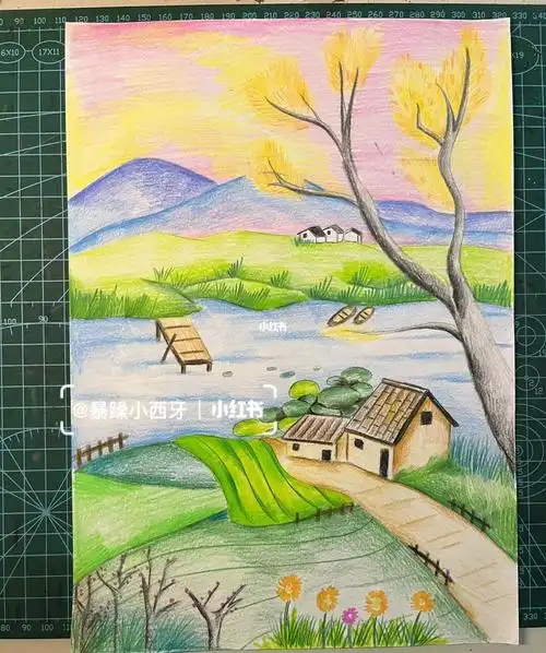 彩铅画临摹田园村庄风景山水风光