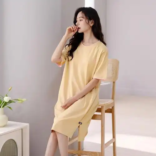 睡裙女夏季纯棉新款带胸垫一体式防凸点中长裙夏天睡衣裙子连衣裙