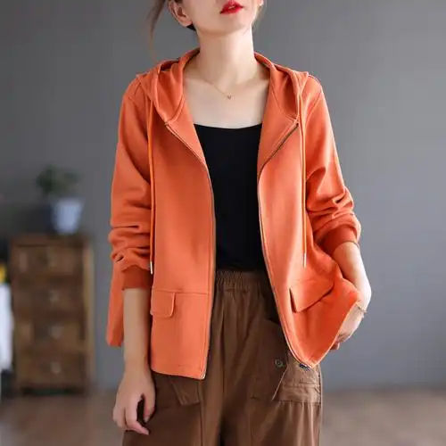 代勒纯棉宽松棒球服拉链开衫夹克秋季新款休闲连帽短外套女士上衣