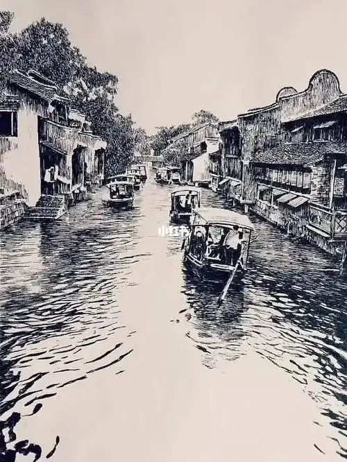 江南水乡古镇钢笔画