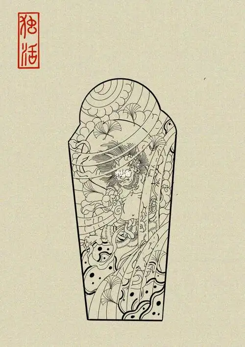 日式老传统花腿构图风神线稿