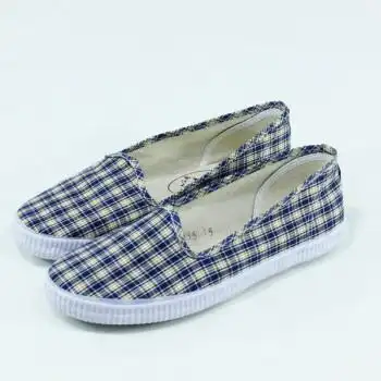 方口鞋女平底鞋帆布鞋轻便居家鞋一脚蹬方口布鞋老奶奶穿的 蓝方格 38
