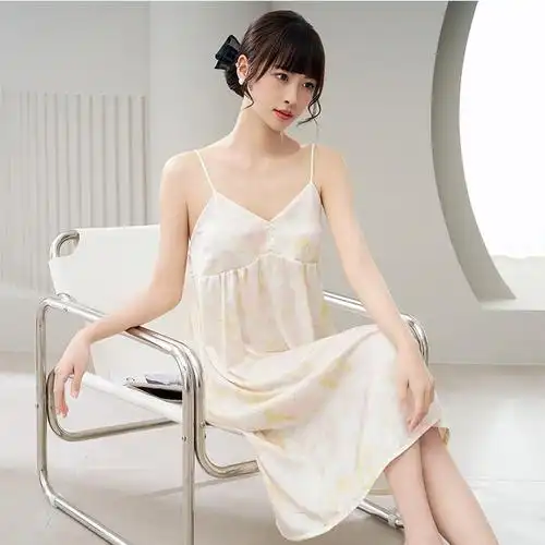 大码印花吊带睡衣女夏女士冰丝丝绸睡裙 性感长款家居服1607-阿里巴巴