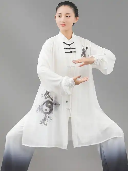 太极服女新款中长款披纱手绘武字三件套比赛表演服装男中国风春秋