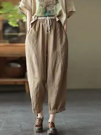 特价捡漏拉夏贝尔la女装纯棉麻裤子女夏季新款拼接萝卜裤九分裤阔腿裤