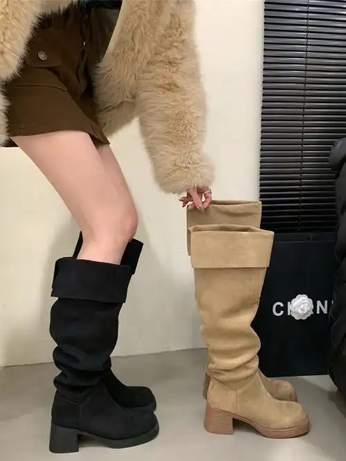 高跟绒面两穿过膝长靴女鞋2023新款秋冬季复古堆堆靴骑士长筒靴子