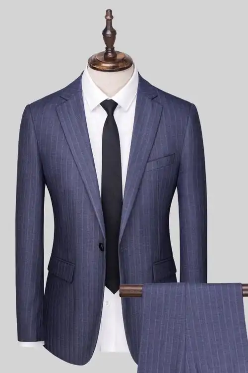 修身免烫弹力条纹西装新郎结婚礼服 藏蓝条纹套装(上衣 裤子 马甲)