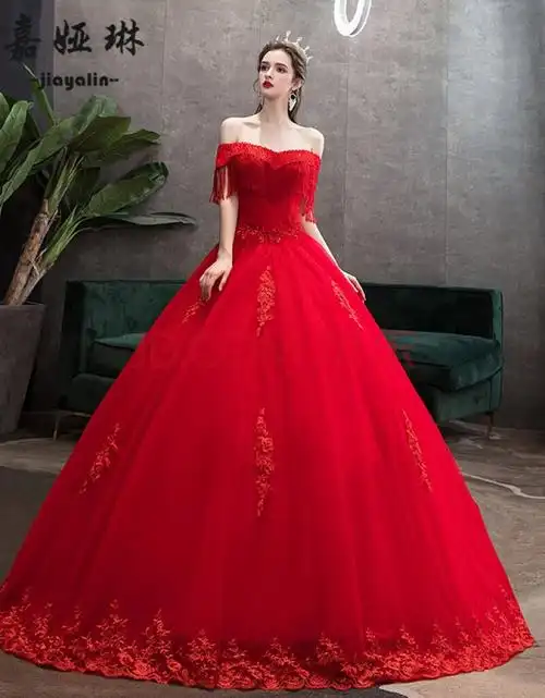 【一字肩红色婚纱大拖尾】礼服长拖尾轻主纱重工森系流苏新娘女2021