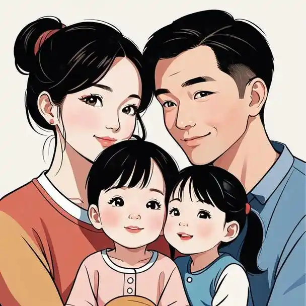 亲子头像|四口之家两个女儿手绘创意头像