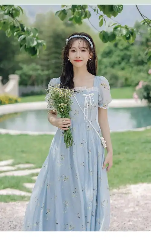 国风新中式方领连衣裙收腰显瘦印花仙气甜美裙子限价 40 - 17网