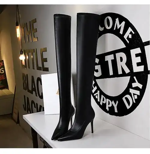 黑色绒面尖头瘦腿长筒弹力靴细跟性感显瘦高跟过膝长靴女黑色pu单里39