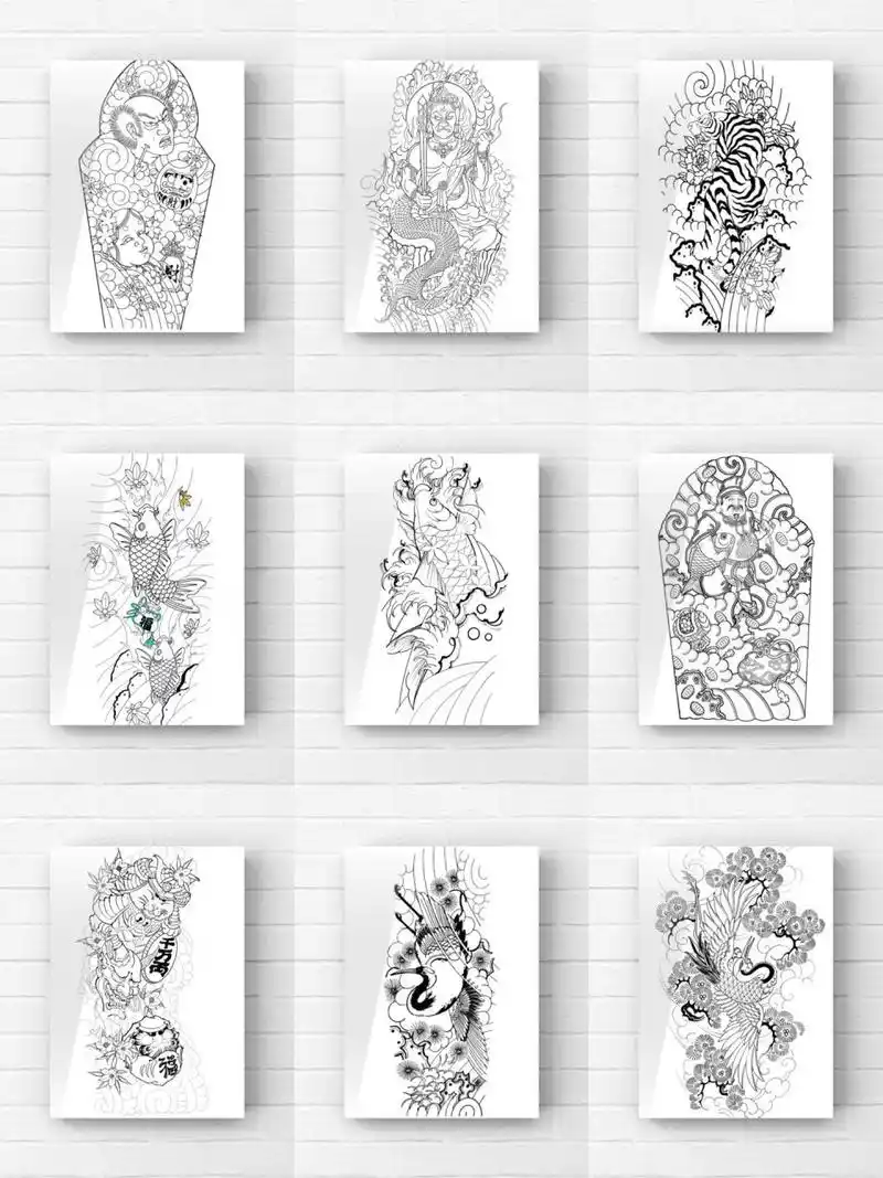 花臂花腿纹身线条手稿素材