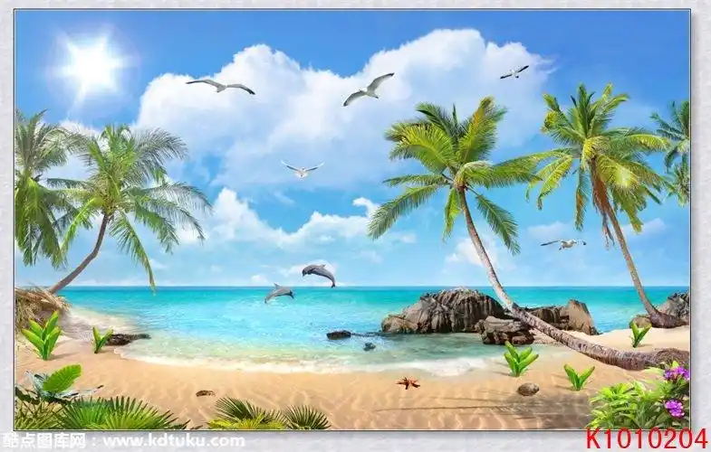 k10102043d风景大海沙滩椰树海鸥海豚背景墙壁画