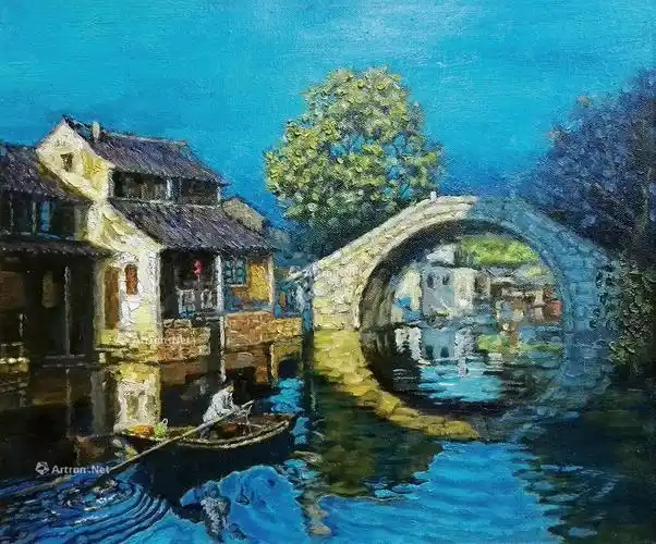 0016江南水乡布面油画